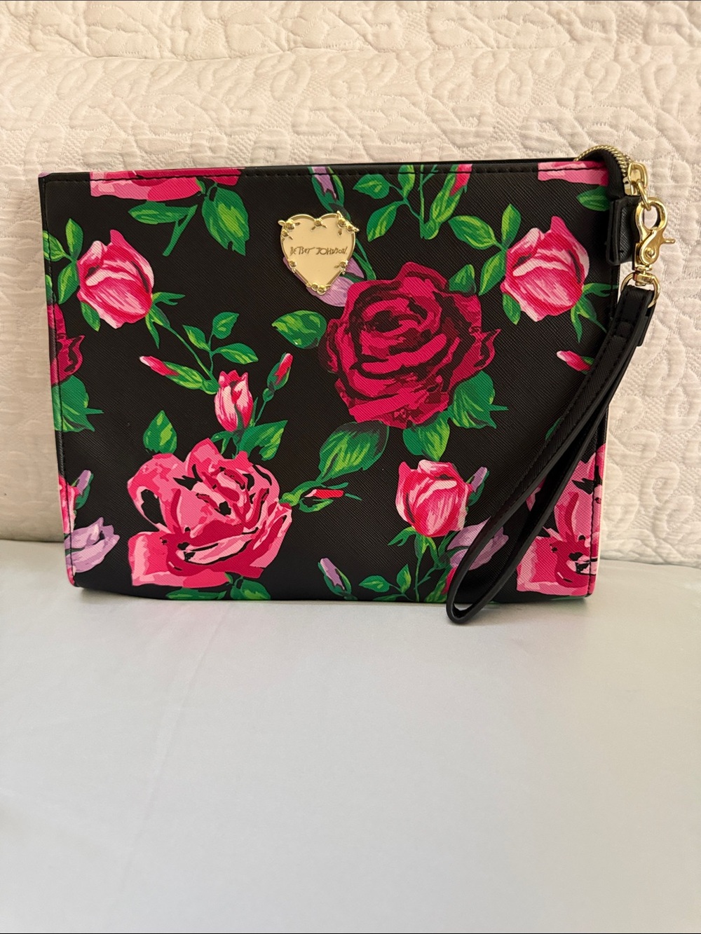 Betsey Johnson Black Floral Wristlet Clutch - Pink & Green Rose Print